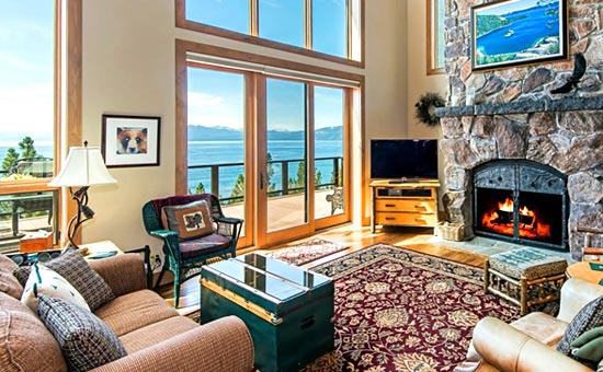 Lake Tahoe home living room with view of Lake Tahoe out the window